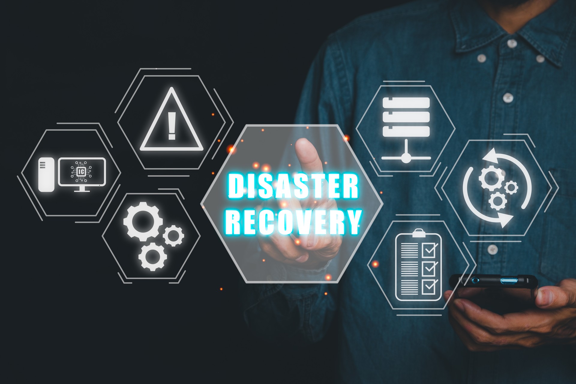 Disaster Recovery concept, Person hand touching disaster recovery icon on virtual screen background, Data loss prevention.